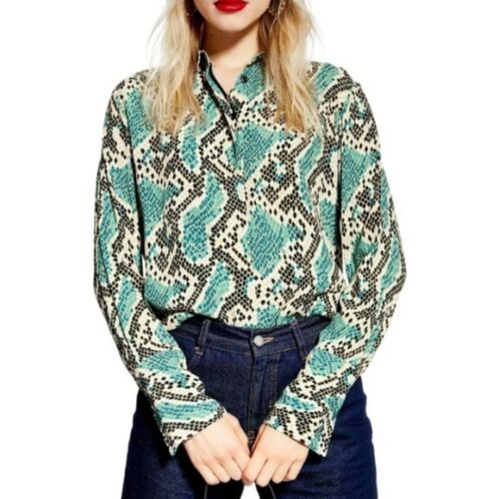 Topshop Green Rattlesnake Snake long Sleeve Blouse